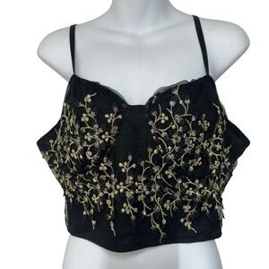 Shein Crop Top Womens Plus Size 2X Black Metallic Gold Floral Embroidery Mesh